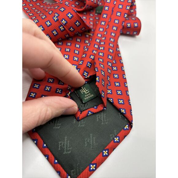 Ralph Lauren Silk Necktie Hand Made USA Red With Blue Dot Flowers Polo Tie 56” - Picture 5 of 7